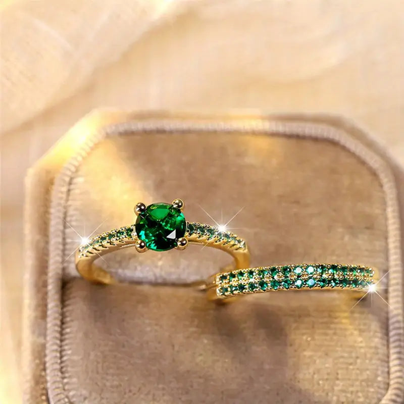 Set di Anelli Serena Duo con Pietra Verde Smeraldo | Tonalità Oro