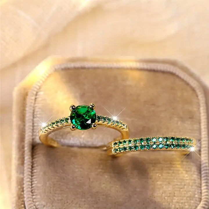 Set di Anelli Serena Duo con Pietra Verde Smeraldo | Tonalità Oro