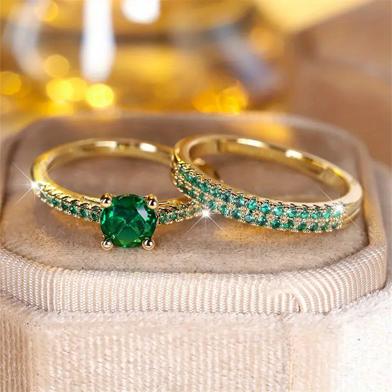 Set di Anelli Serena Duo con Pietra Verde Smeraldo | Tonalità Oro