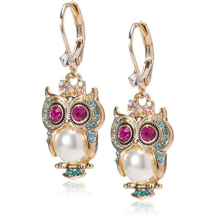Orecchini Vintage a Gufo con Cristalli e Perla