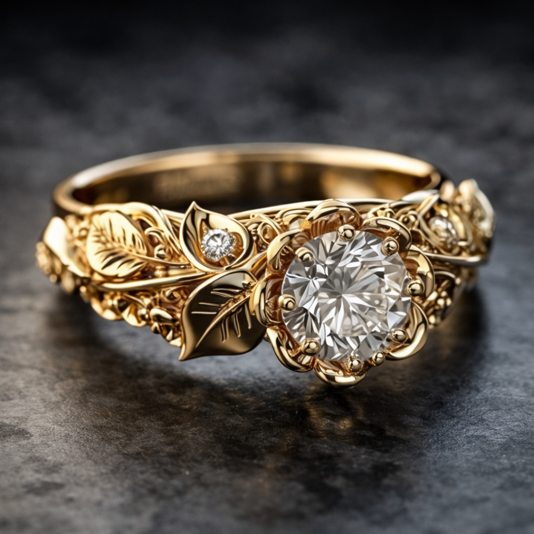Anello in tono oro con foglia e cristalli di zirconia