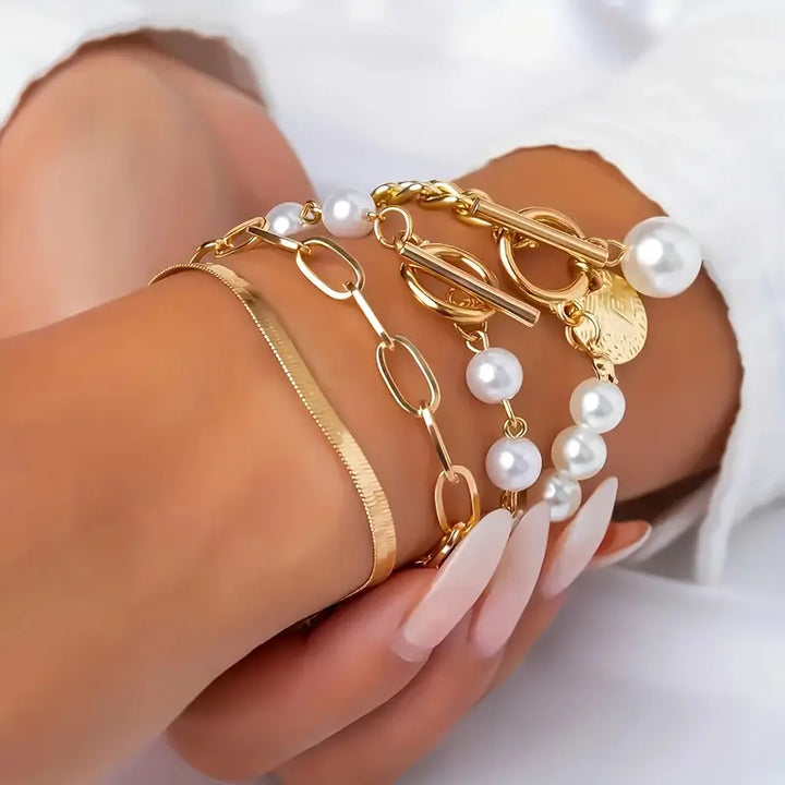 Set di 4 Braccialetti in Oro - Catena a Serpente, Perle e Catena a Maglia