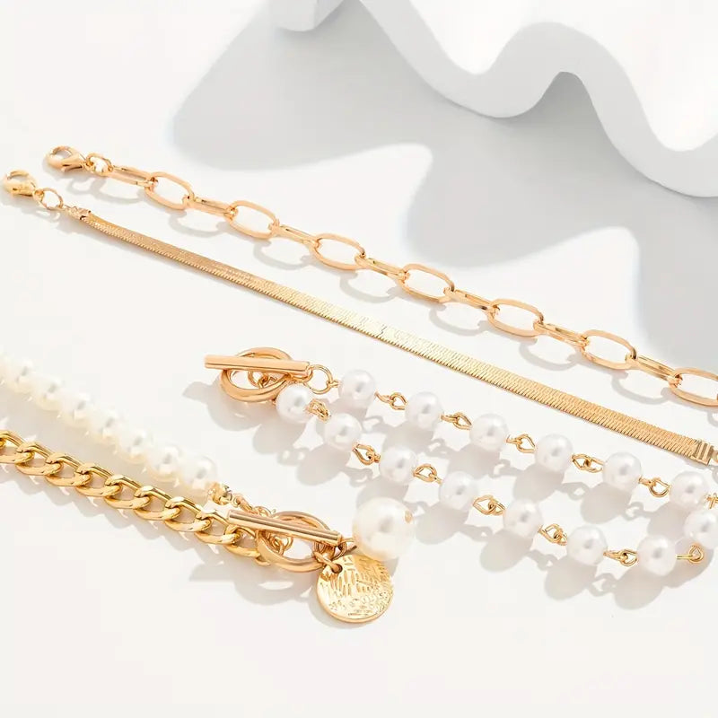 Set di 4 Braccialetti in Oro - Catena a Serpente, Perle e Catena a Maglia