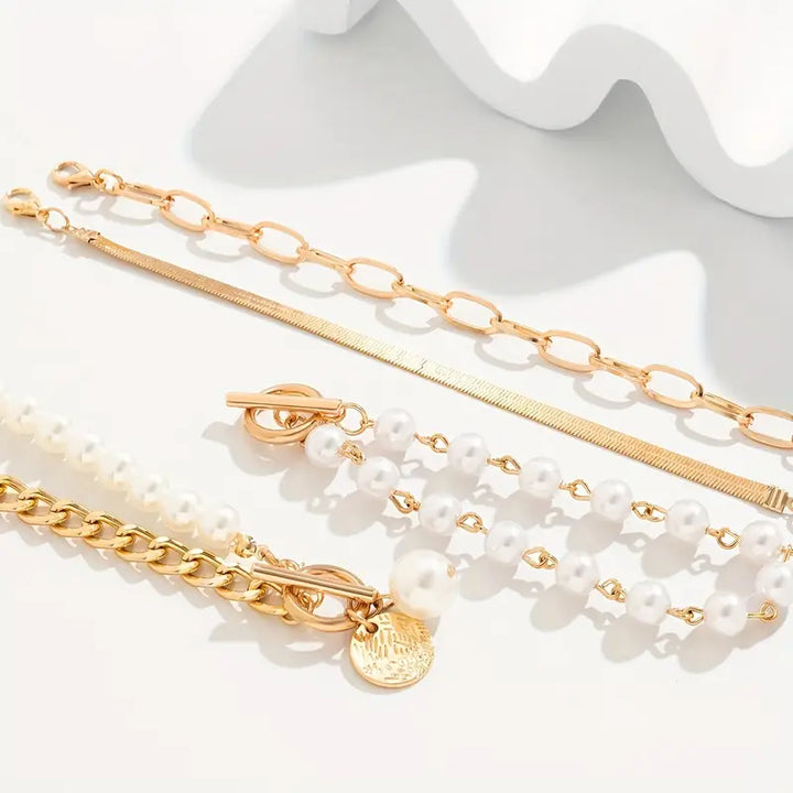 Set di 4 Braccialetti in Oro - Catena a Serpente, Perle e Catena a Maglia