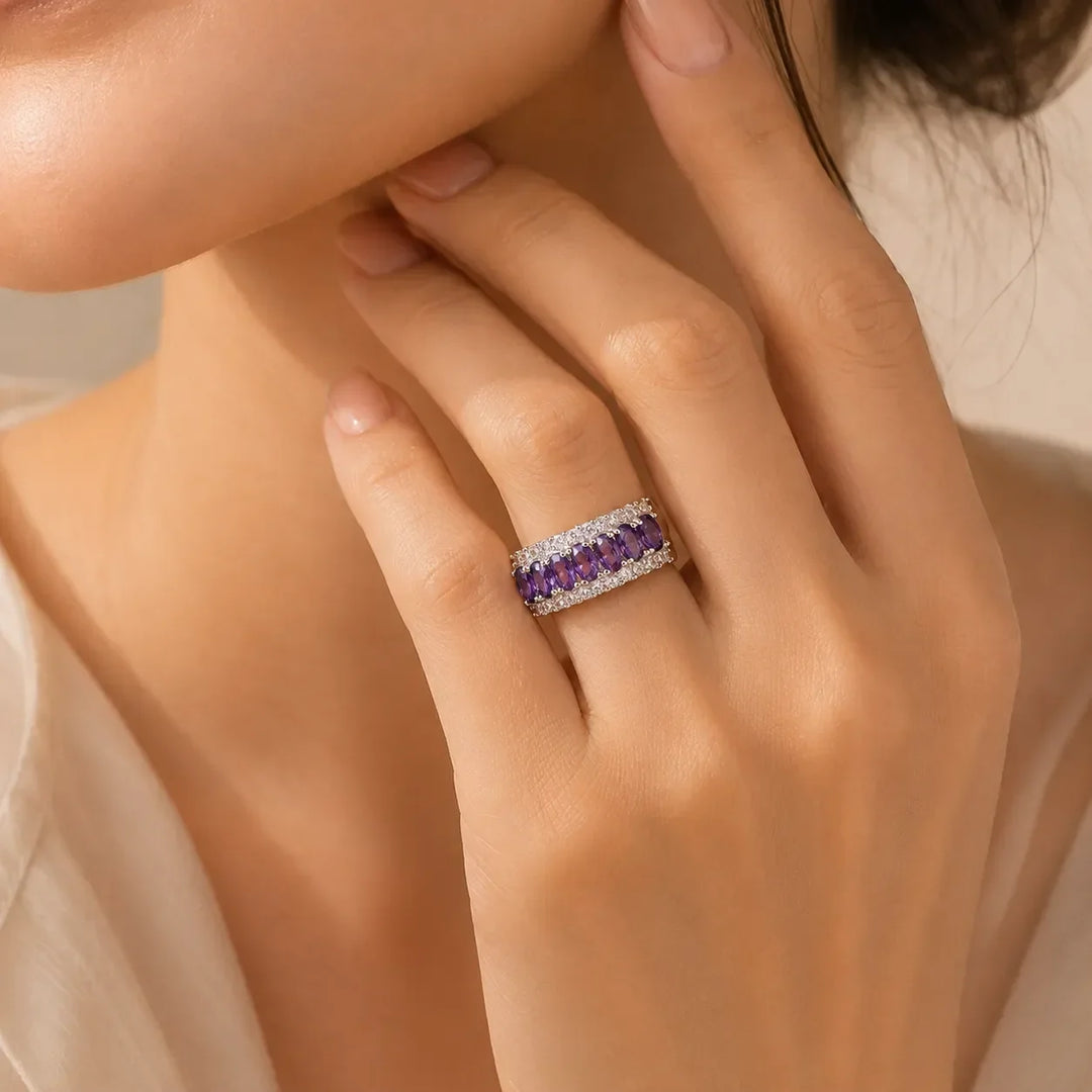 Anello bohemien con ametista e zirconia cubica