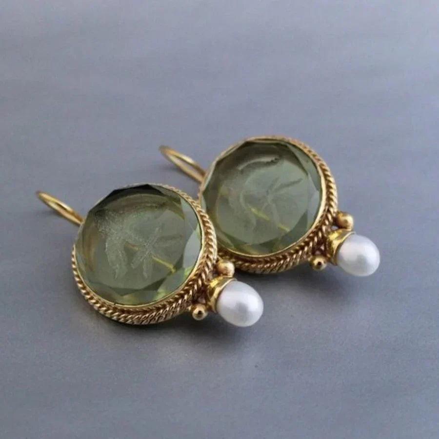 Orecchini Antichi con Pietra Verde e Perla - In Tonalità Argento
