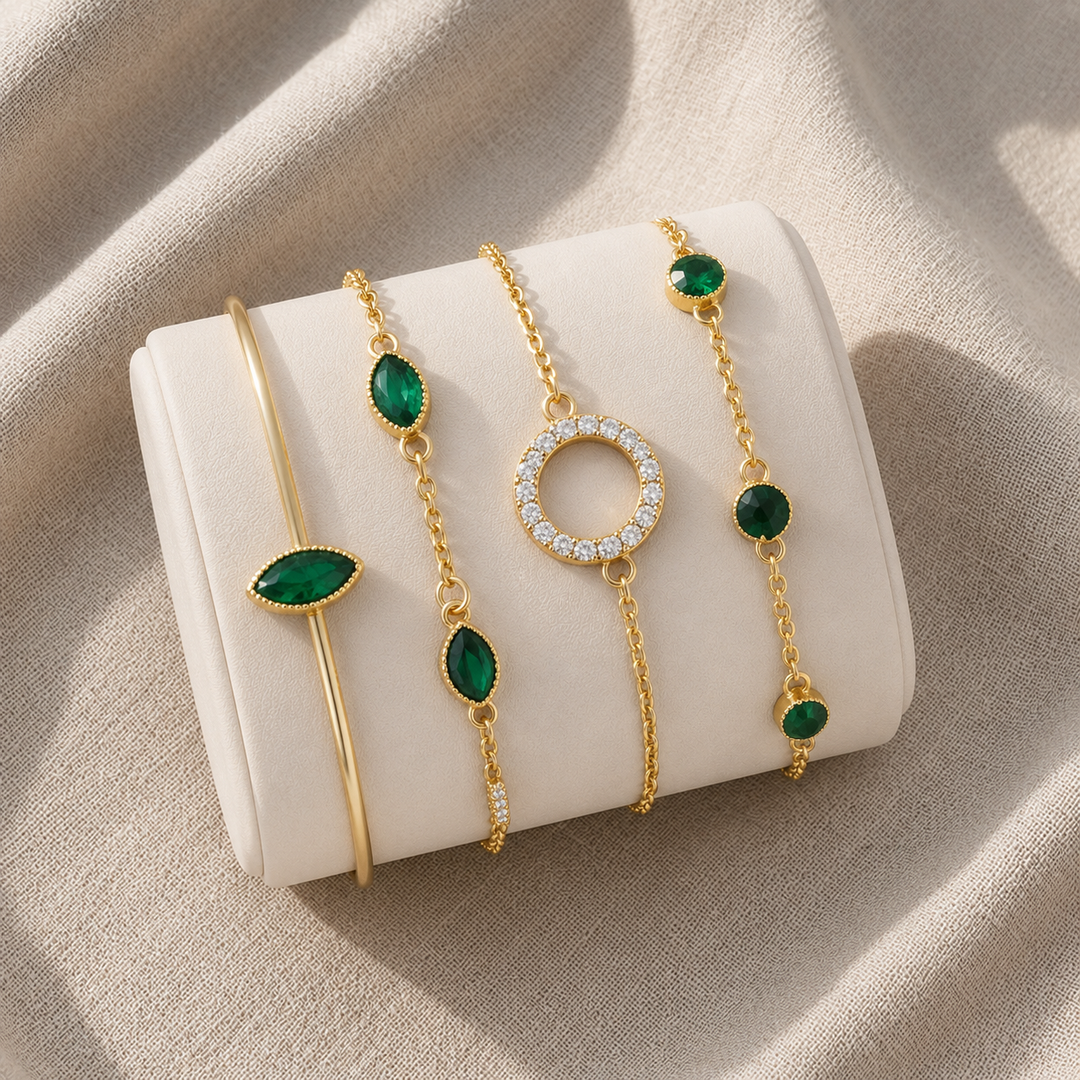 Set di 4 braccialetti verde smeraldo e oro – Stile Boho