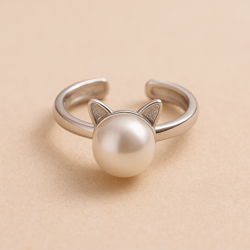 Collana di Perle con Gattino + Orecchini e Anello in Regalo