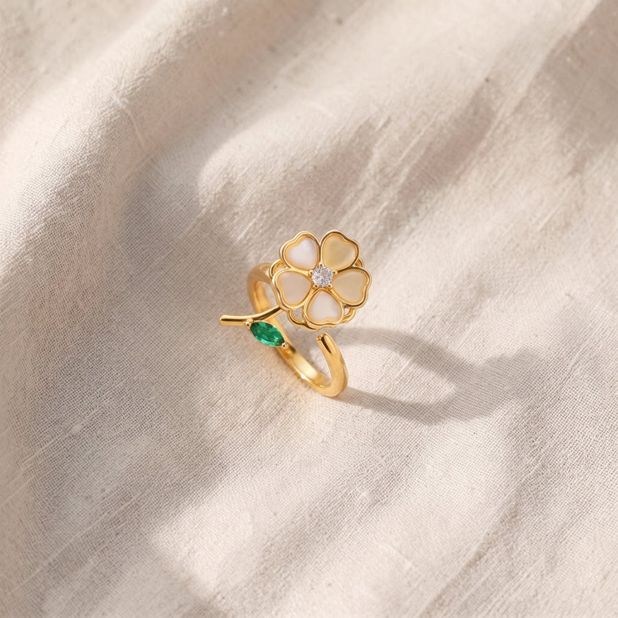 Anello rotante a foglia dorato verde smeraldo