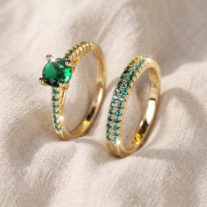 Set di Anelli Serena Duo con Pietra Verde Smeraldo | Tonalità Oro