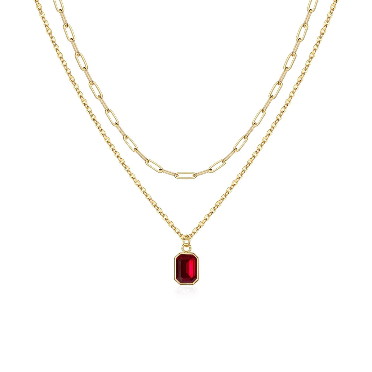 Collana a catena sovrapposta dorata rosso rubino