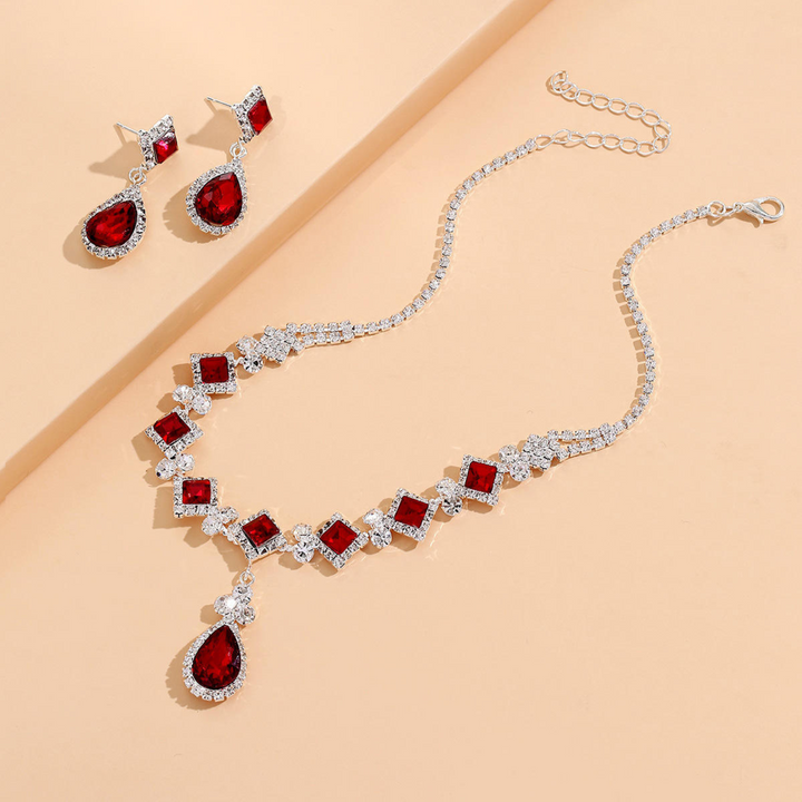 Set choker con collana e orecchini pendenti con lacrima rossa