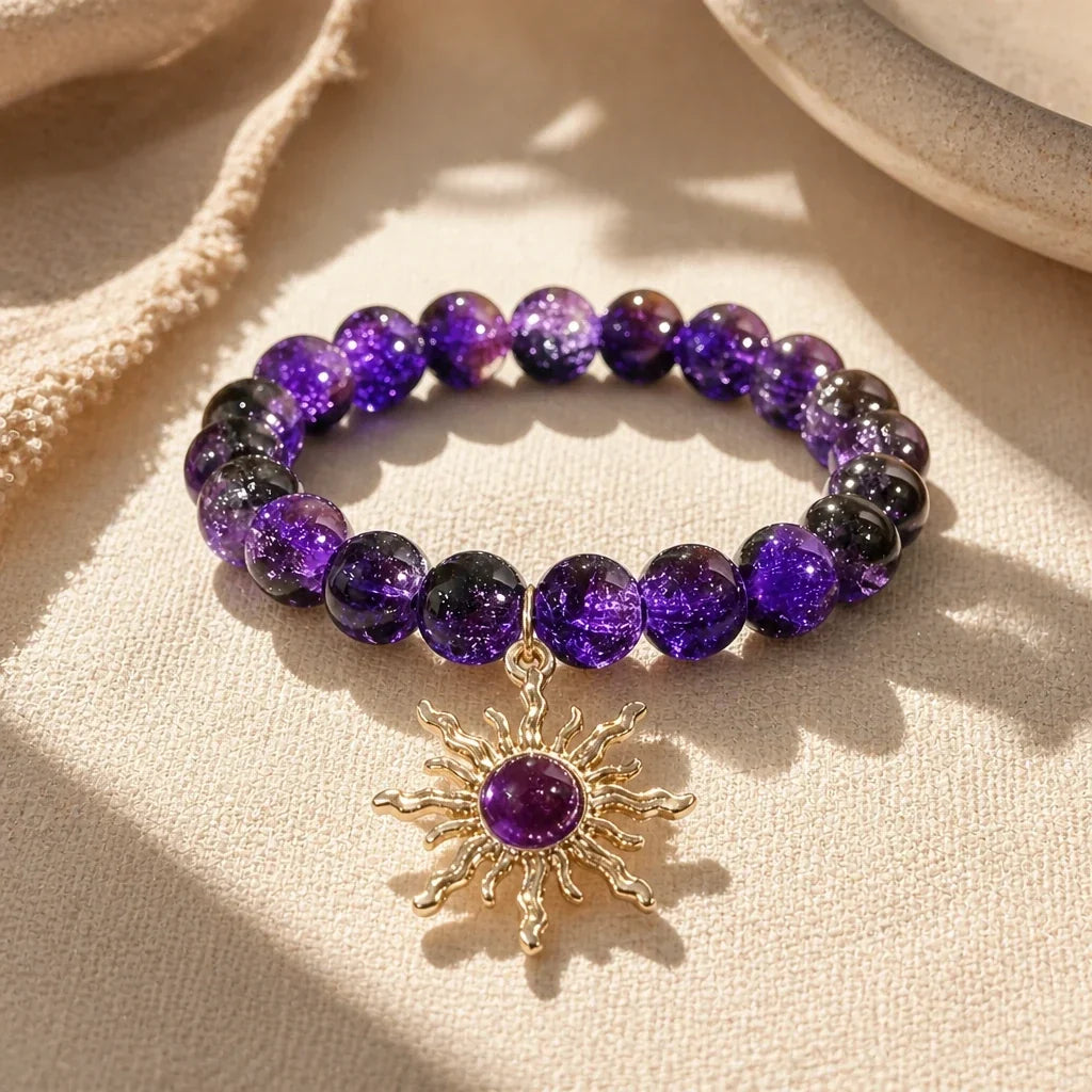 Bracciale in perle di ametista con motivo solare