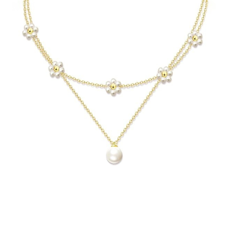 Collana a Strati di Perle con Dettaglio Floreale - Tonalità Oro