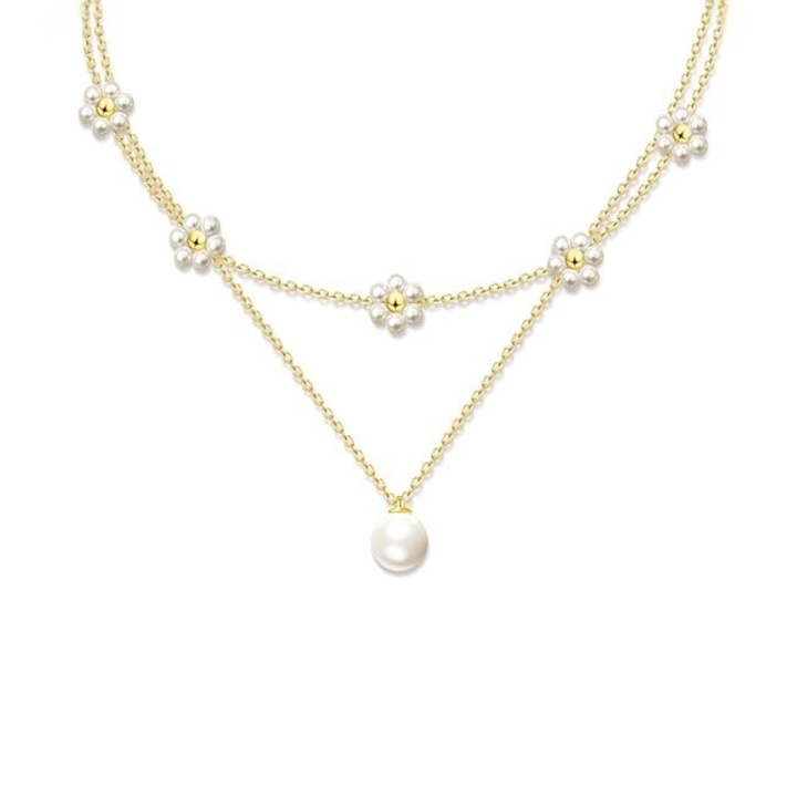 Collana a Strati di Perle con Dettaglio Floreale - Tonalità Oro