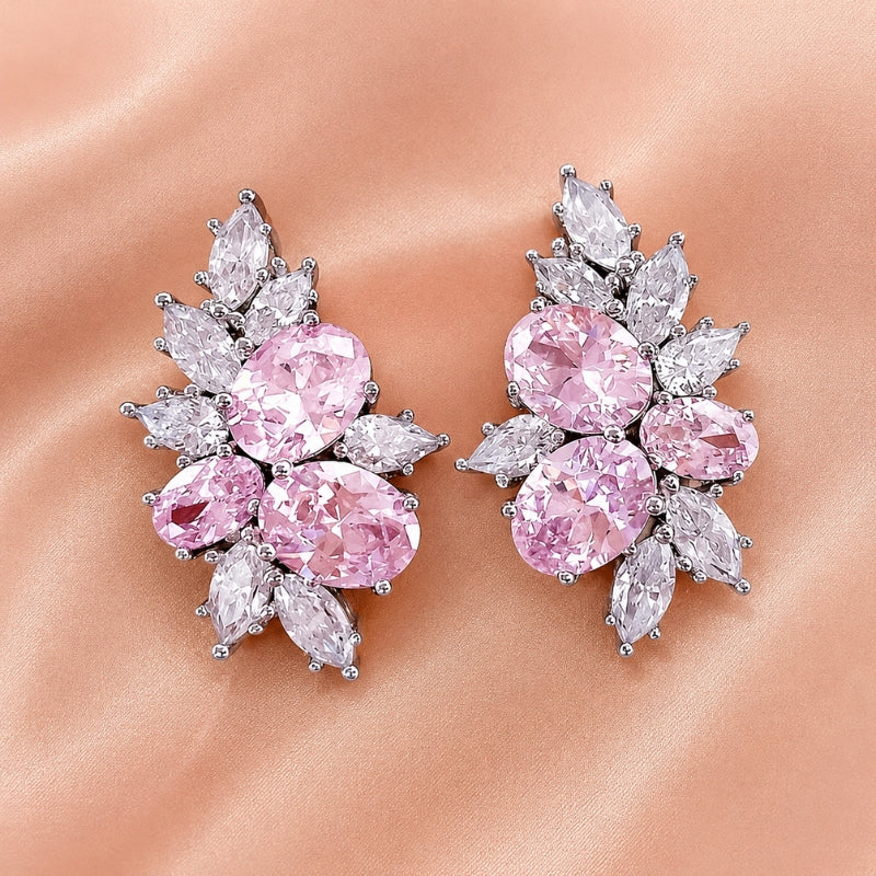 Orecchini fiore rosa con cristallo argentati
