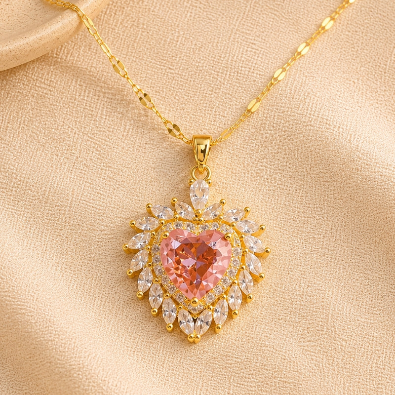Collana importante cuore rosa con cristalli