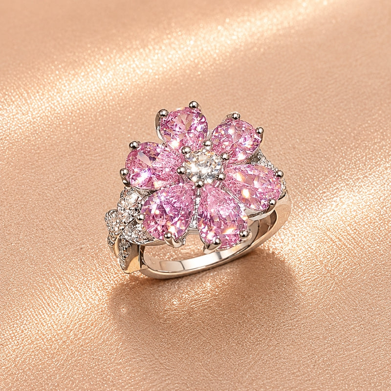 Anello fiore dorato con cristallo rosa