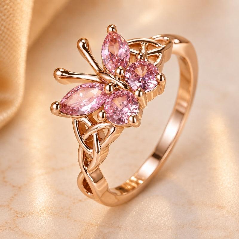 Anello farfalla dorato con cristallo rosa