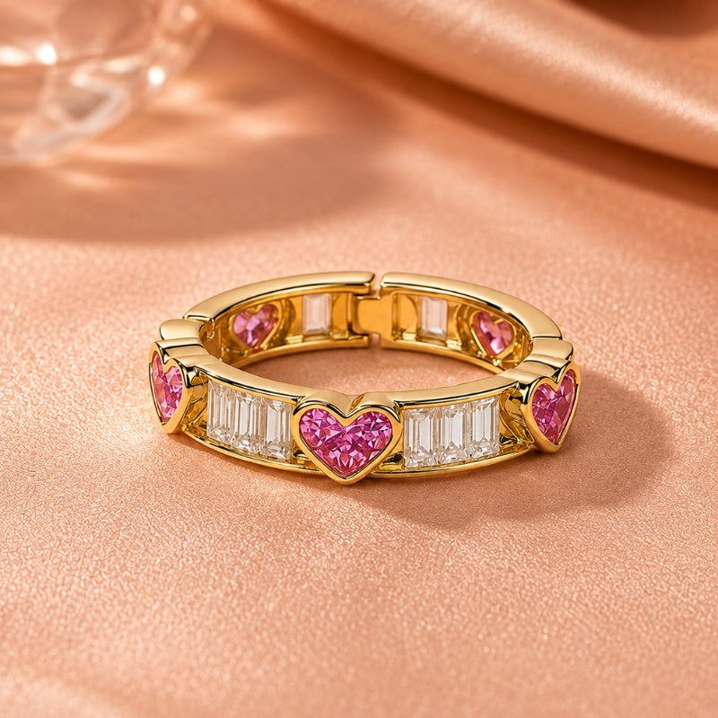 Anello cocktail dorato cuore rosa