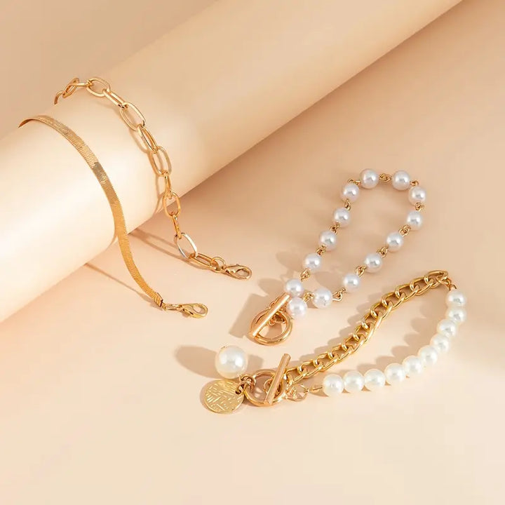 Set di 4 Braccialetti in Oro - Catena a Serpente, Perle e Catena a Maglia
