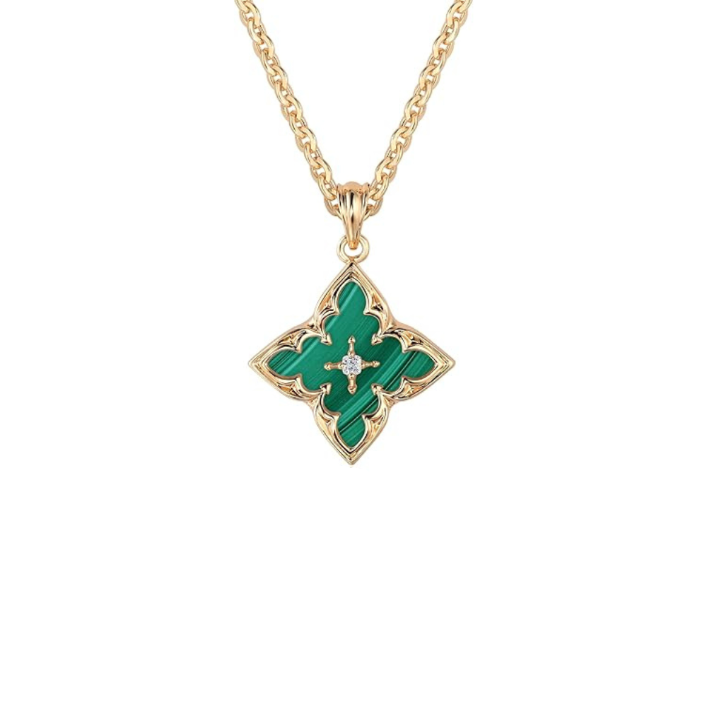 Collana con pendente a quadrifoglio con pietra verde smeraldo | Tonalità oro