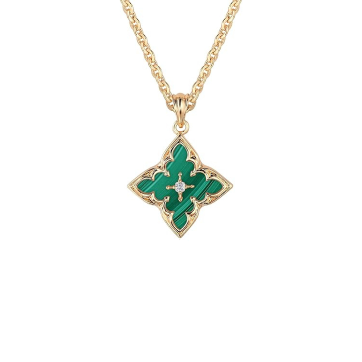 Collana con pendente a quadrifoglio con pietra verde smeraldo | Tonalità oro