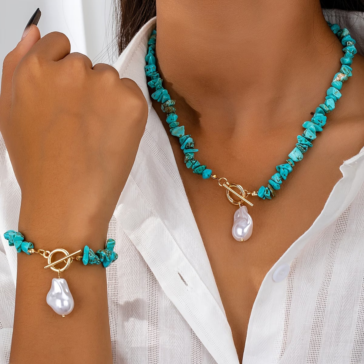Set collana e bracciale turchese e perla