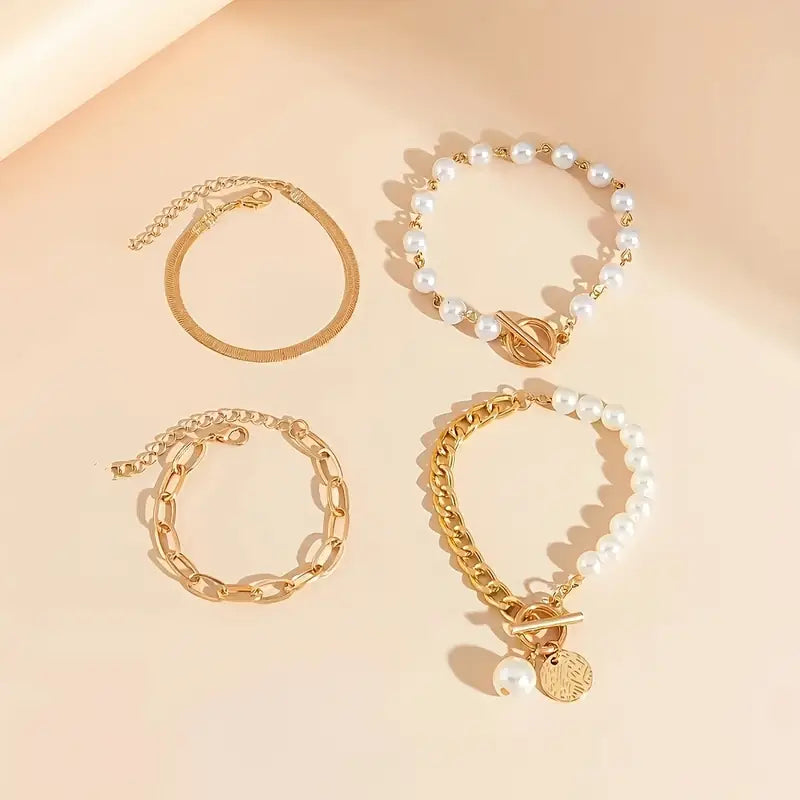 Set di 4 Braccialetti in Oro - Catena a Serpente, Perle e Catena a Maglia