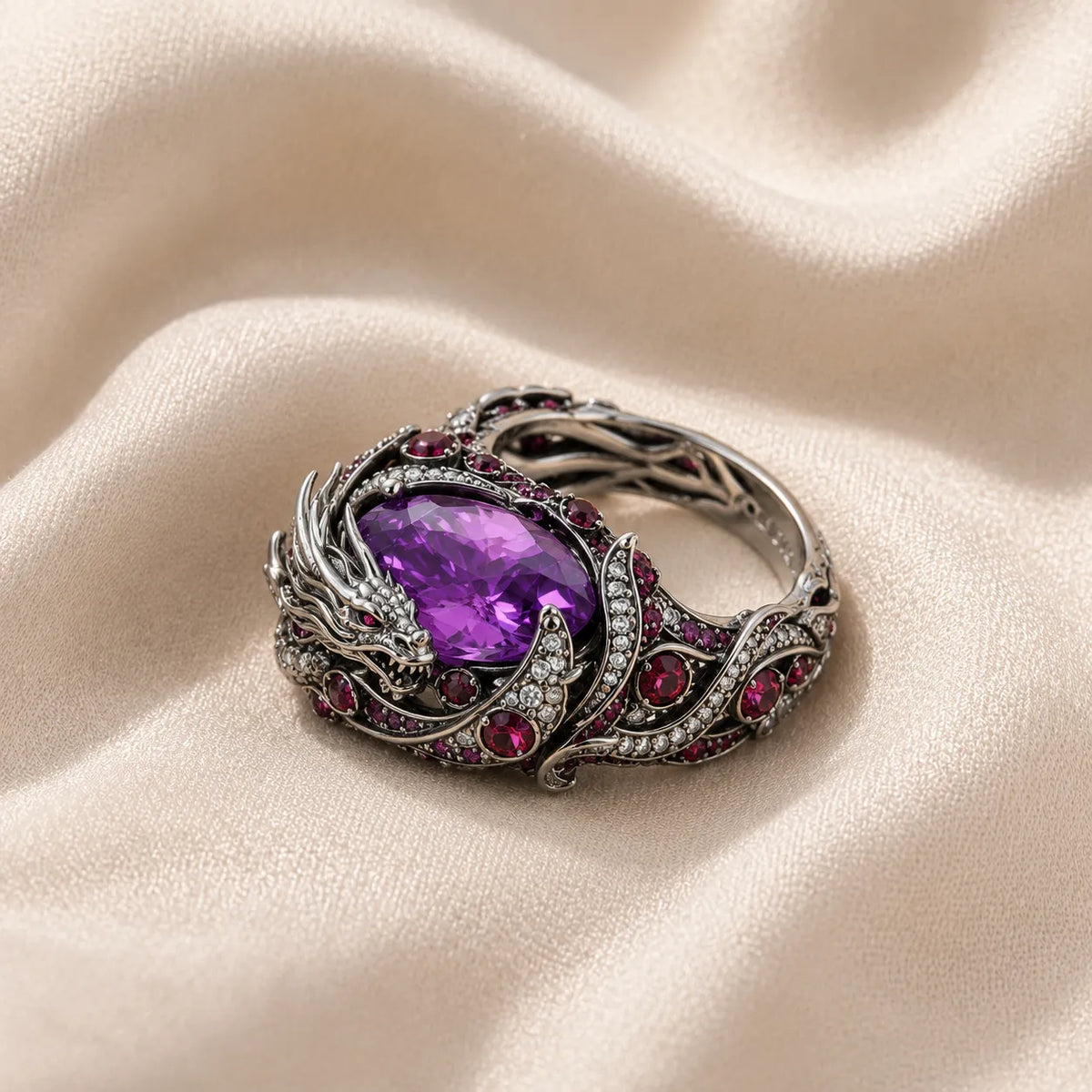 Anello argentato a forma di drago