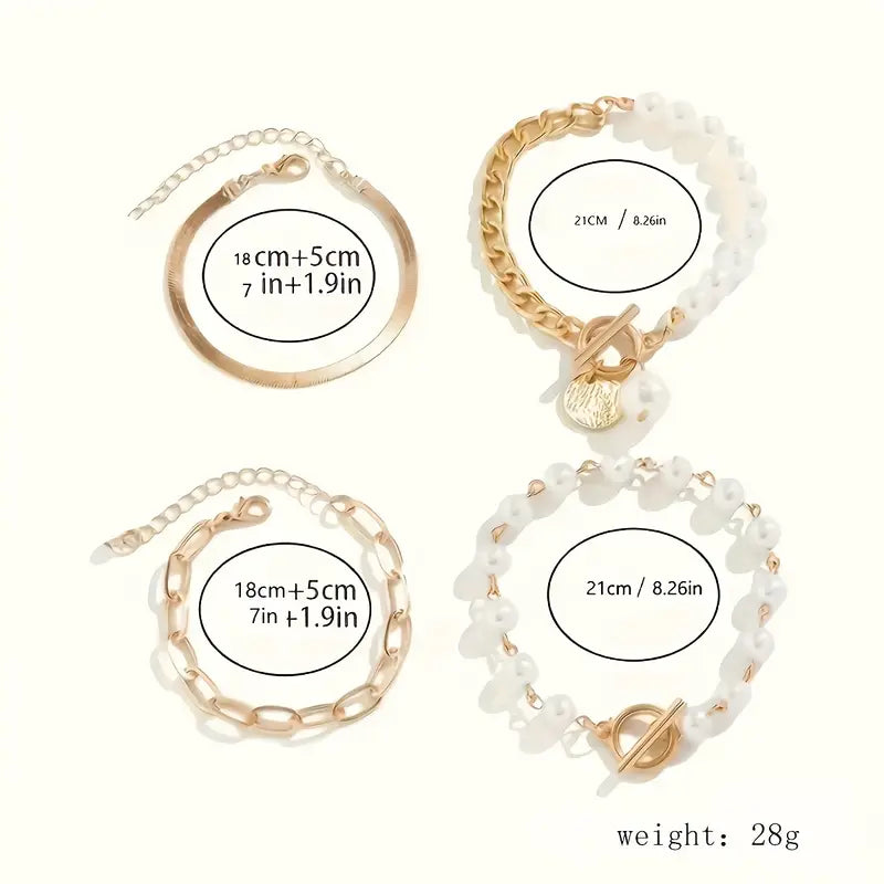 Set di 4 Braccialetti in Oro - Catena a Serpente, Perle e Catena a Maglia