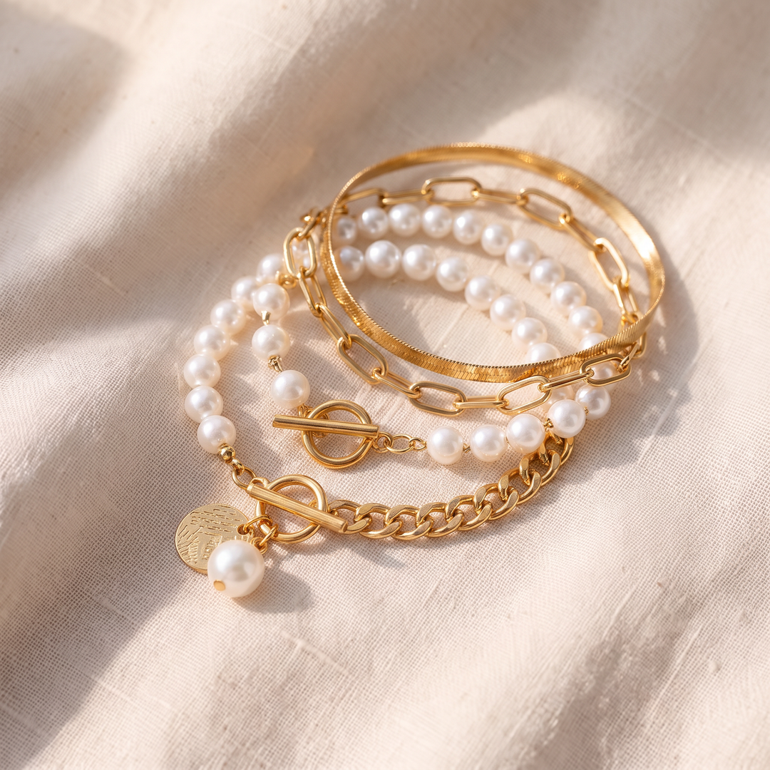 Set di 4 Braccialetti in Oro - Catena a Serpente, Perle e Catena a Maglia