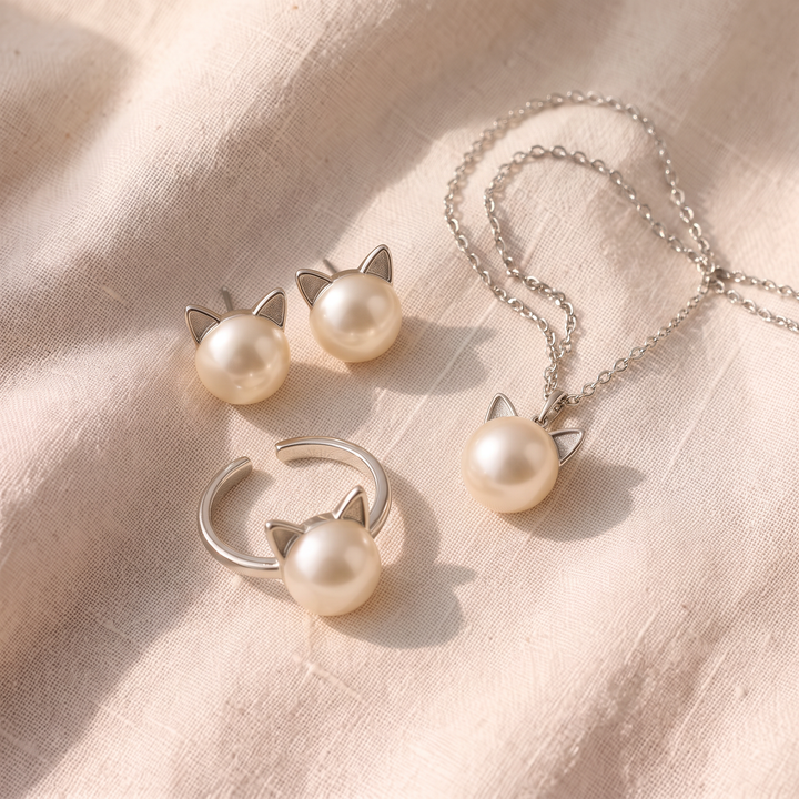 Collana di Perle con Gattino + Orecchini e Anello in Regalo