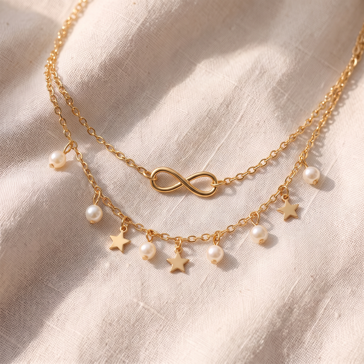 Cavigliera Infinity Pearl con Stelle | Oro