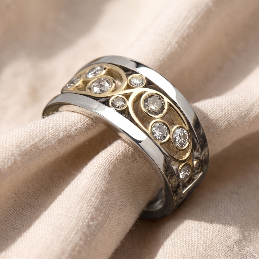 Anello edera bicolore con zirconi