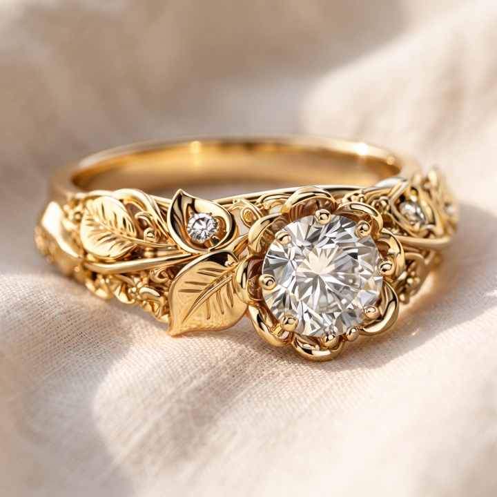 Anello in tono oro con foglia e cristalli di zirconia