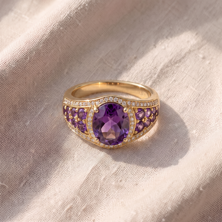 Anello con ametista ovale e zirconi