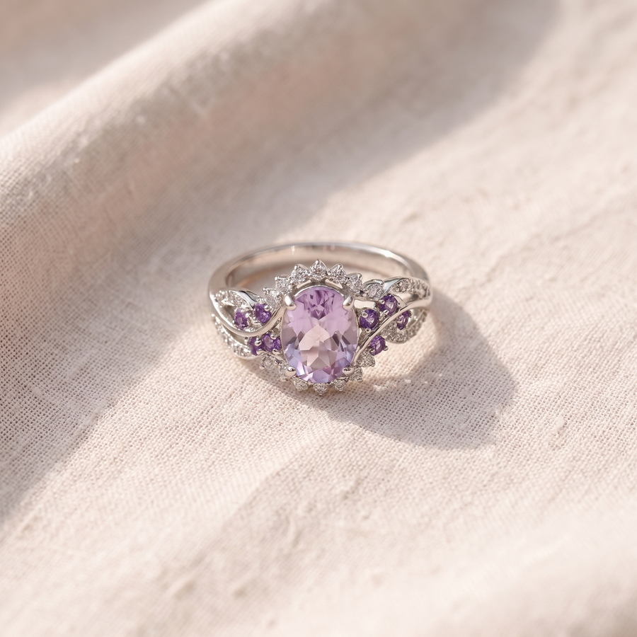 Anello argentato con pietra ovale