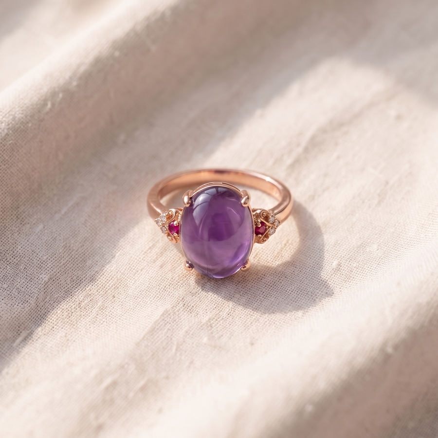 Anello bohémien dorato con ametista intagliata