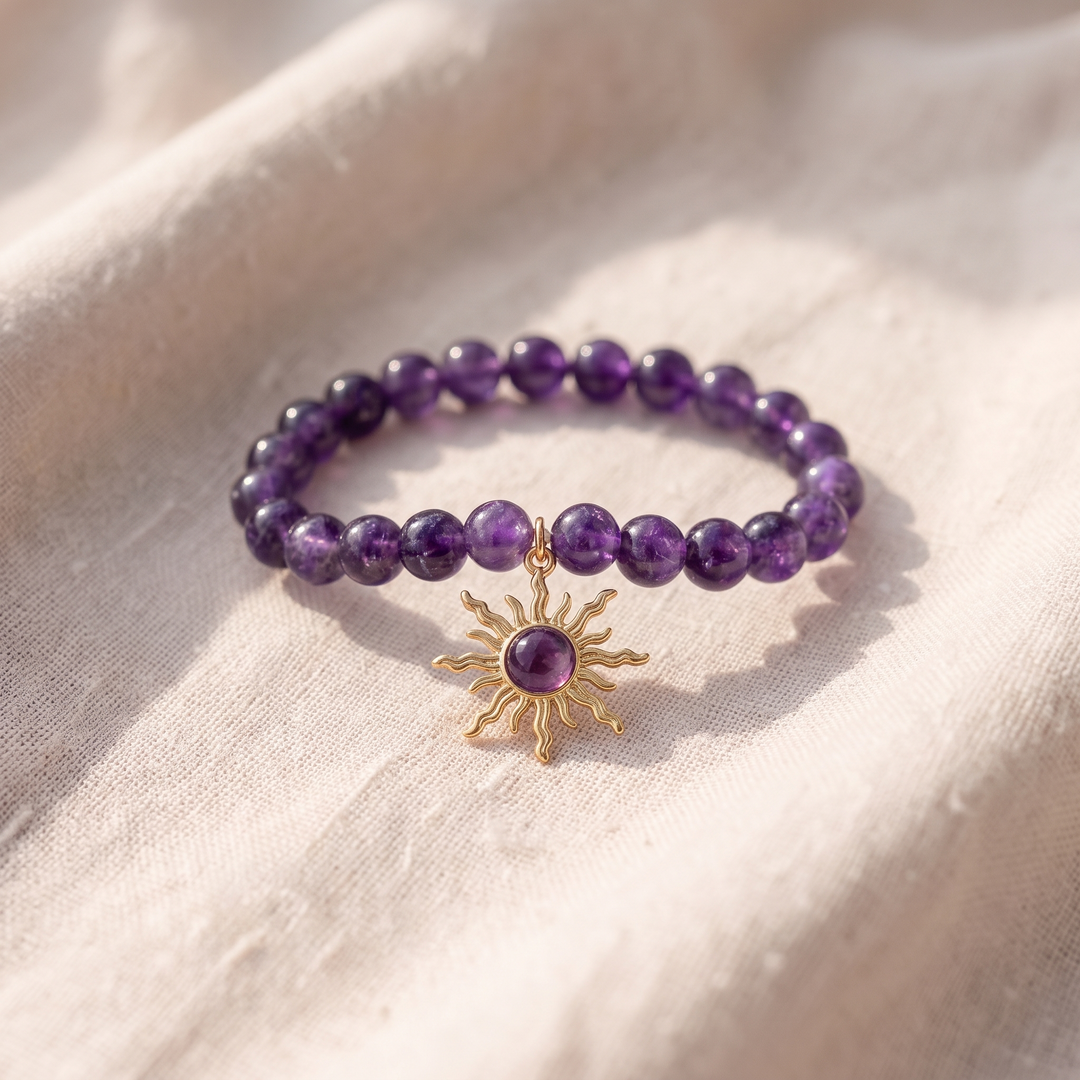 Bracciale di perle di ametista con motivo del sole