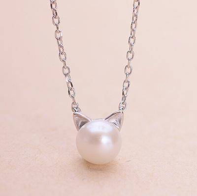 Collana di Perle con Gattino + Orecchini e Anello in Regalo