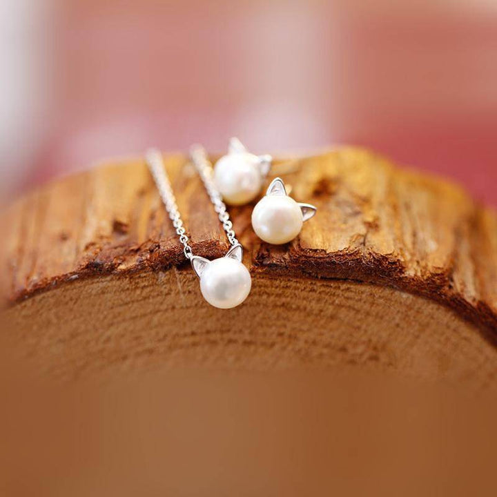 Collana di Perle con Gattino + Orecchini e Anello in Regalo
