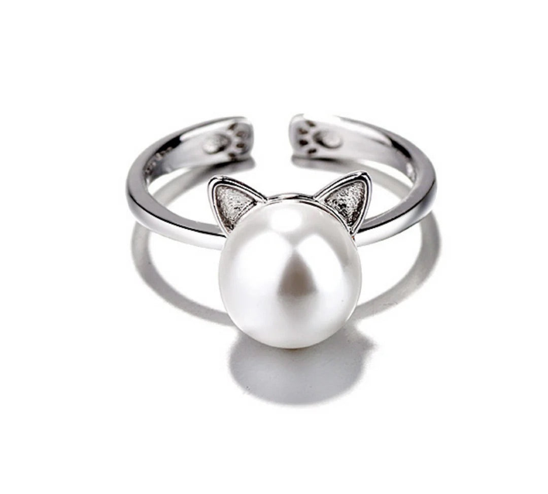 Collana di Perle con Gattino + Orecchini e Anello in Regalo