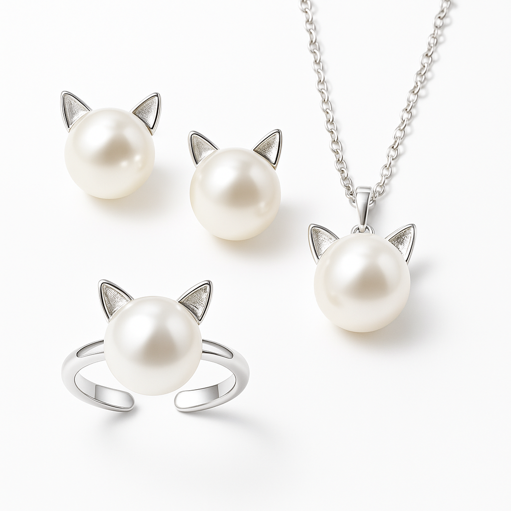 Collana di Perle con Gattino + Orecchini e Anello in Regalo