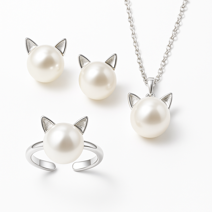 Collana di Perle con Gattino + Orecchini e Anello in Regalo
