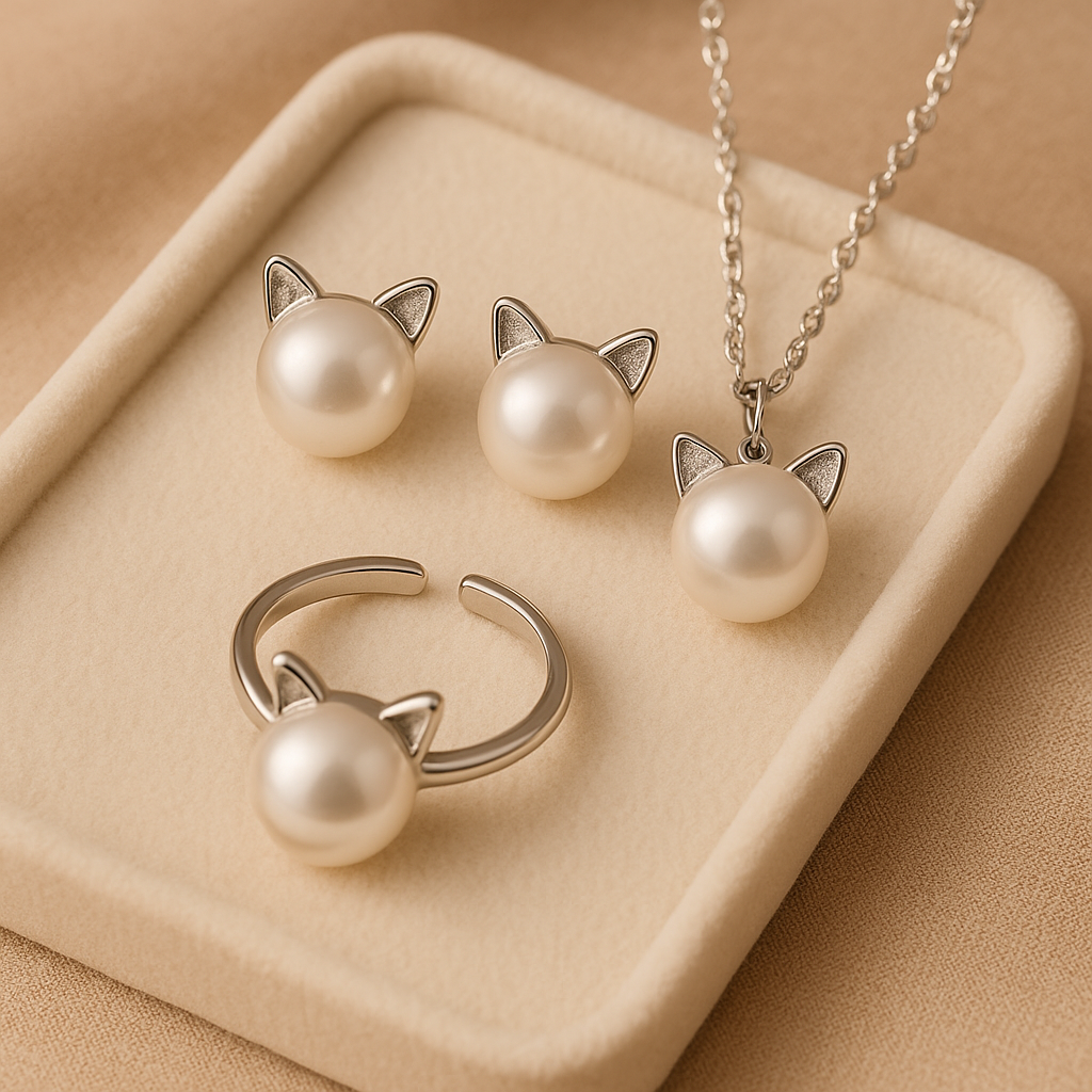 Collana di Perle con Gattino + Orecchini e Anello in Regalo