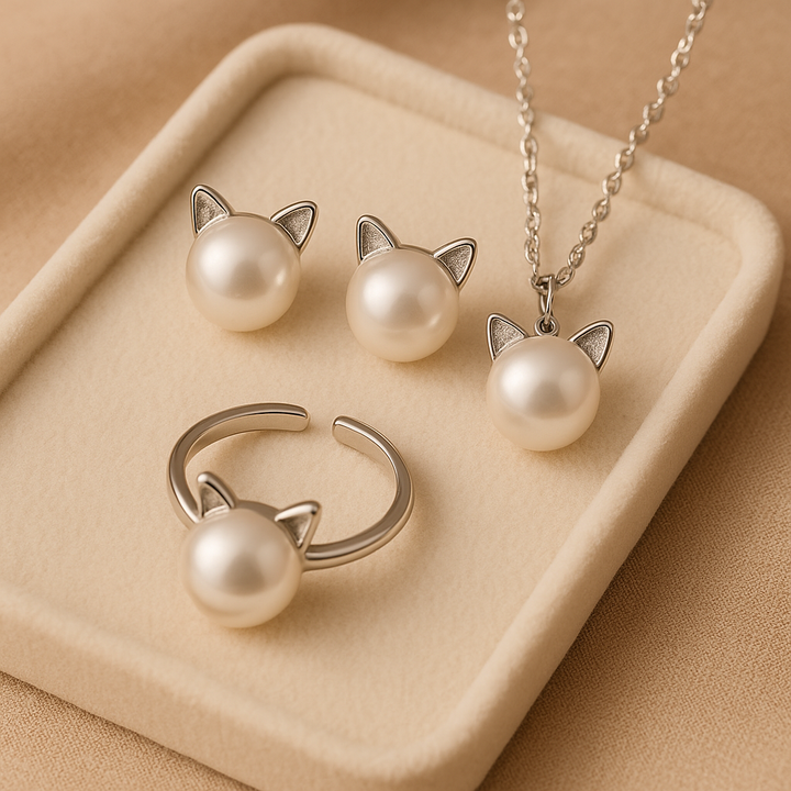 Collana di Perle con Gattino + Orecchini e Anello in Regalo
