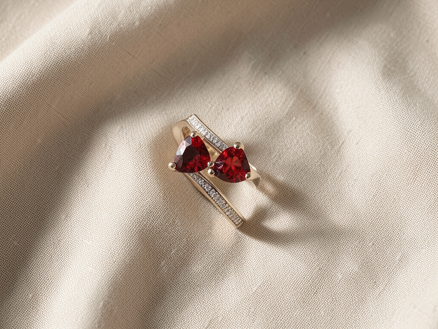 Anello doppio cuore rosso rubino e cristallo