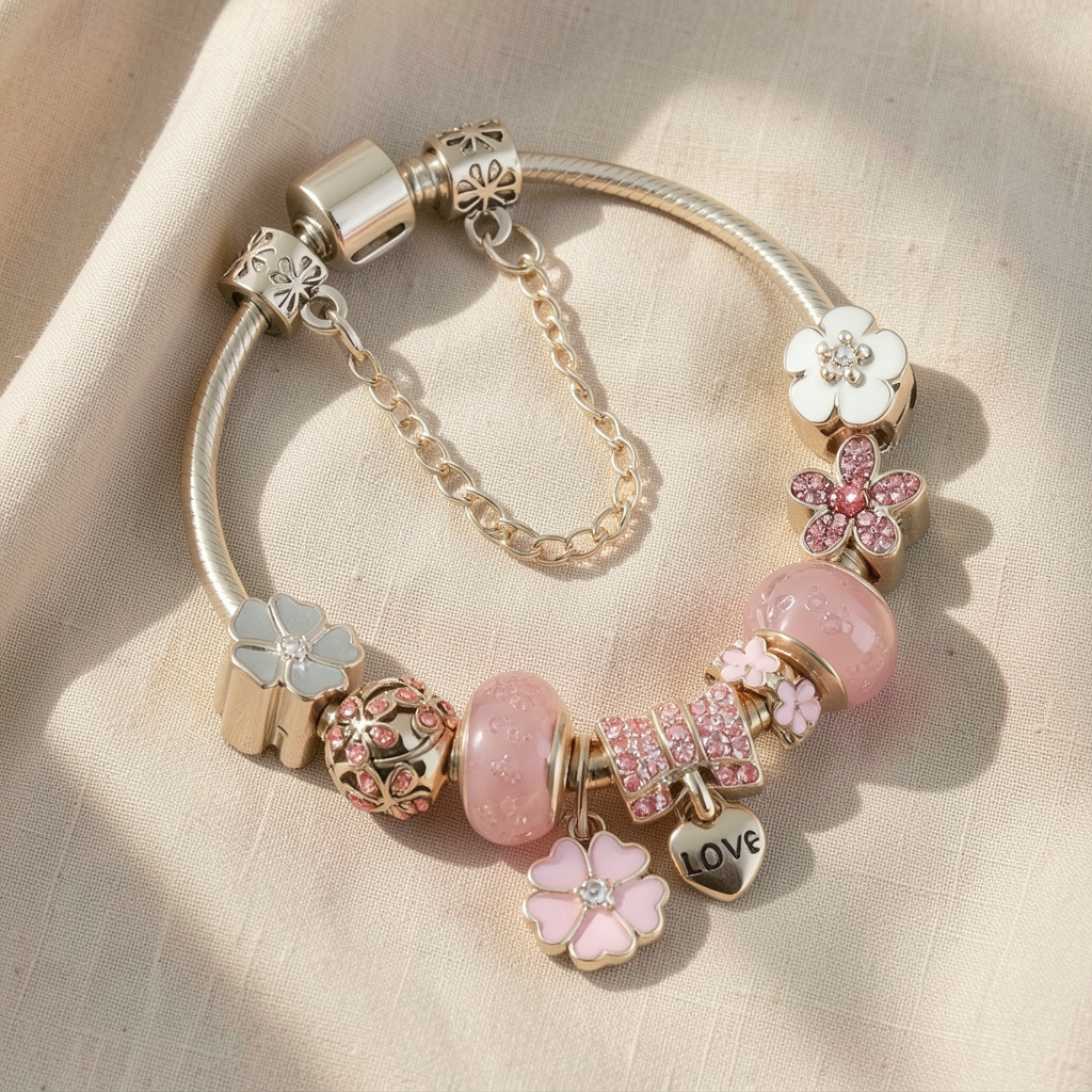 Bracciale oro rosa con charm fiori e cuori