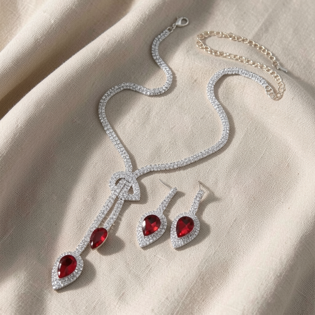 Set di collana e orecchini con pietre rosse Rubra